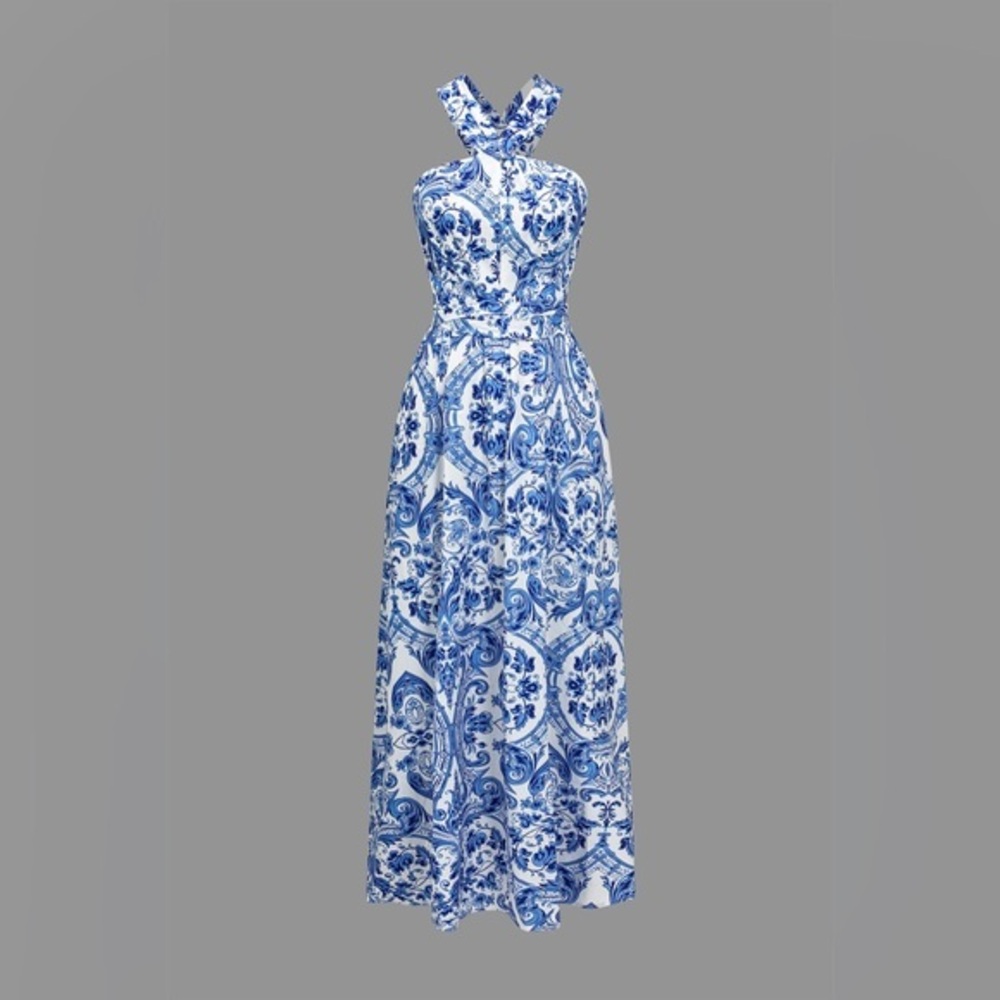 Elegant Blue and White Halter Maxi Dress S Mc4